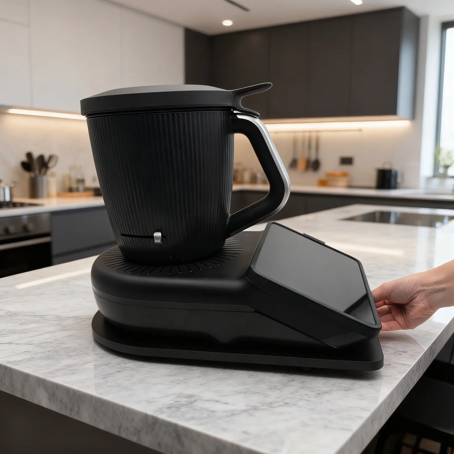 Plateau coulissant à roulettes pour Thermomix TM7 : base antidérapante avec encoche pour les doigts et base en caoutchouc stable, protège le TM7 et les plans de travail.