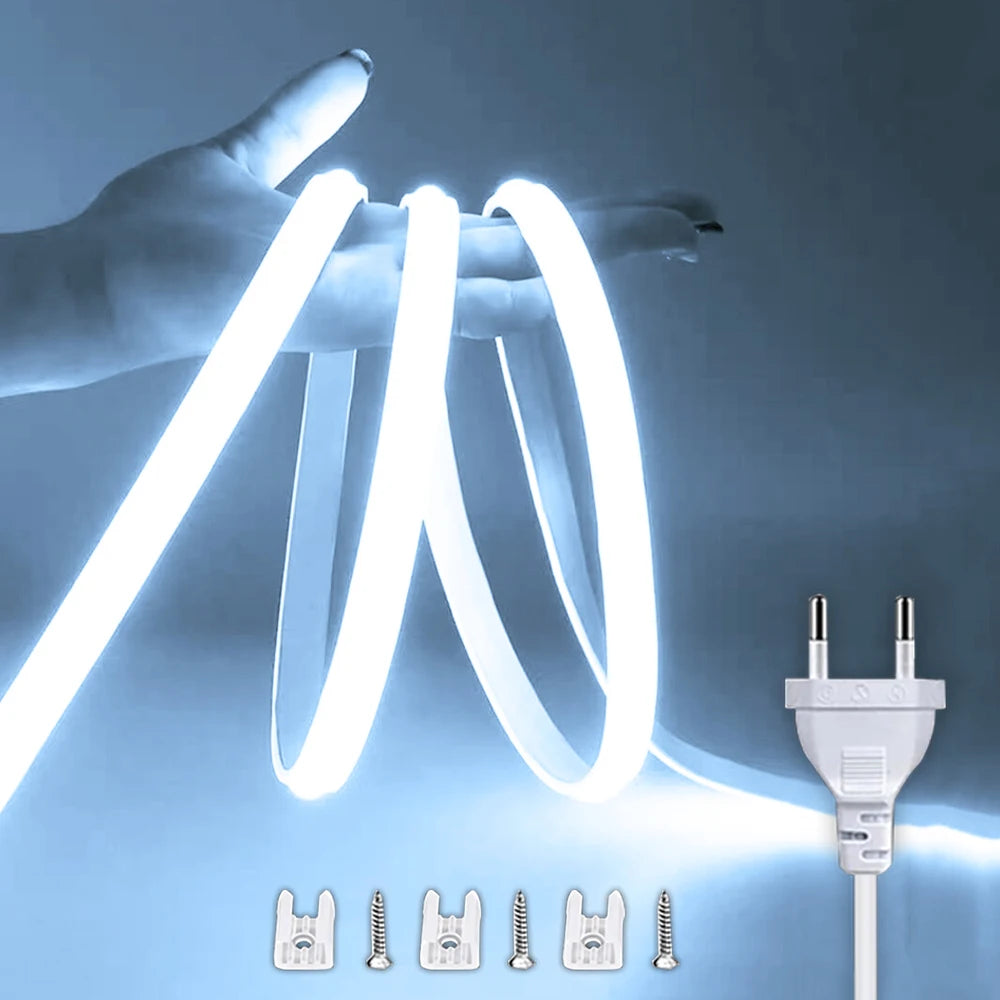Bande LED COB 220V étanche — Éclairage puissant intérieur & extérieur avec interrupteur