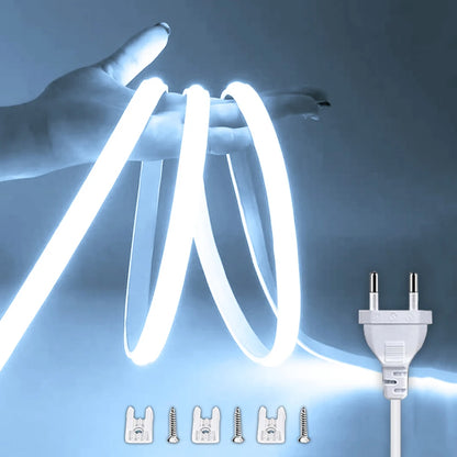 Bande LED COB 220V étanche — Éclairage puissant intérieur & extérieur avec interrupteur