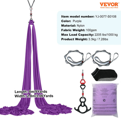 SucceBuy Hamac et balançoire de yoga aérien 8,7/11 yards, kit de démarrage de yoga avec sangle en tissu de soie aérienne, accessoire pour tous les niveaux.