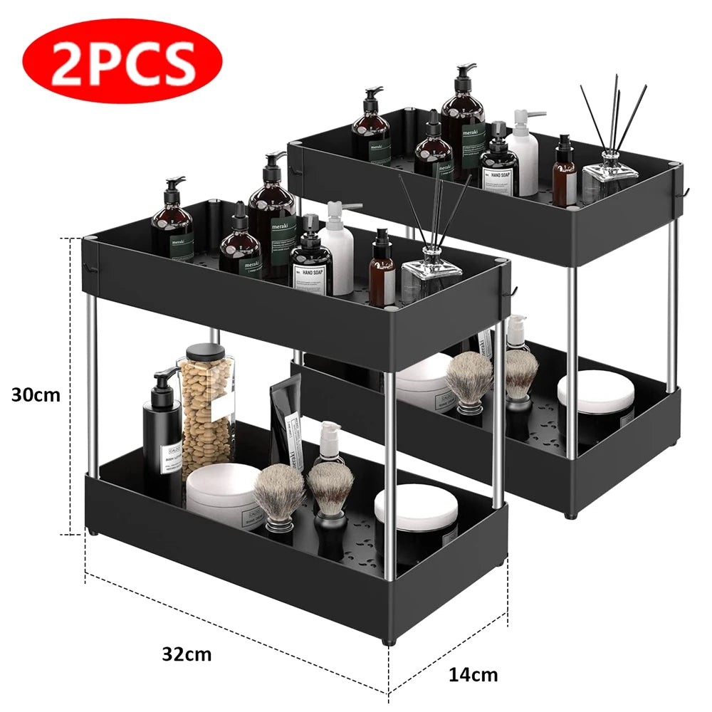 Organisateur de rangement à 2 niveaux sous évier, panier coulissant avec crochets, support pour tasses suspendues, pour salle de bain ou cuisine.