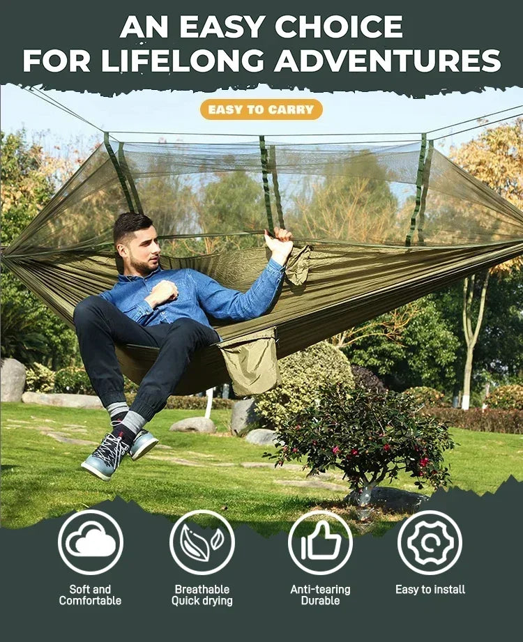 Hamac double de camping extérieur 260x140cm avec moustiquaire et bâche anti-pluie, hamac léger en parachute pour la randonnée et les voyages