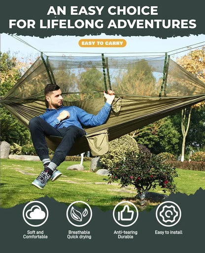 Hamac double de camping extérieur 260x140cm avec moustiquaire et bâche anti-pluie, hamac léger en parachute pour la randonnée et les voyages