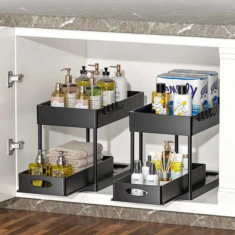 Organisateur de rangement à 2 niveaux sous évier, panier coulissant avec crochets, support pour tasses suspendues, pour salle de bain ou cuisine.