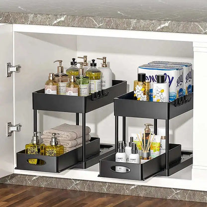 Organisateur de rangement à 2 niveaux sous évier, panier coulissant avec crochets, support pour tasses suspendues, pour salle de bain ou cuisine.