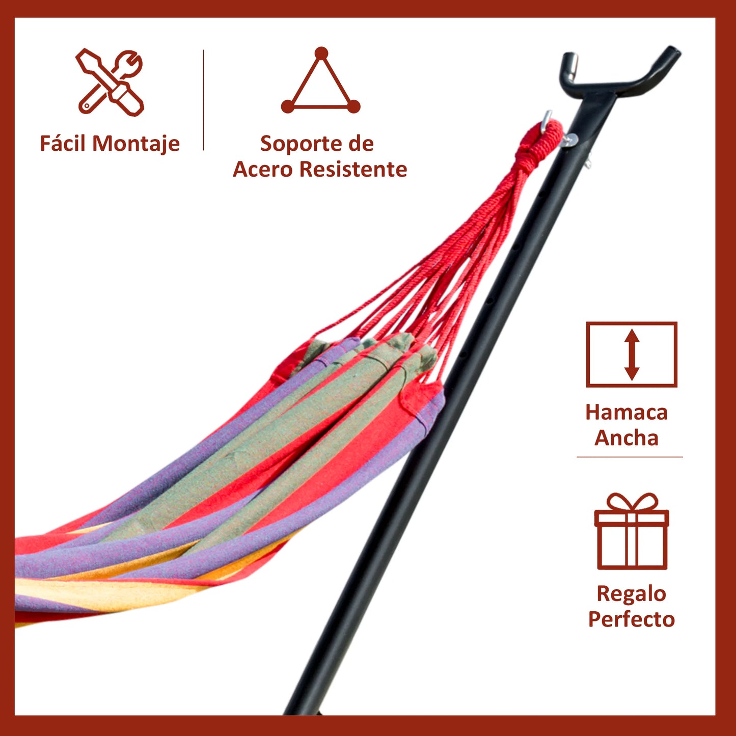 Hamac Outsunny avec support en acier portable, hauteur réglable sur 6 niveaux, sac de transport inclus, supporte jusqu'à 120 kg, pour jardin, multicolore.