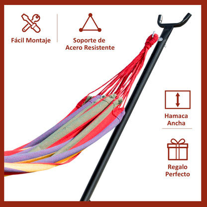 Hamac Outsunny avec support en acier portable, hauteur réglable sur 6 niveaux, sac de transport inclus, supporte jusqu'à 120 kg, pour jardin, multicolore.