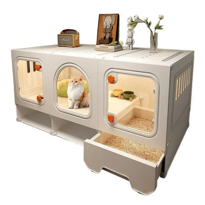 Grande maison pour chat avec tiroir transparent, avec compartiment de rangement.
