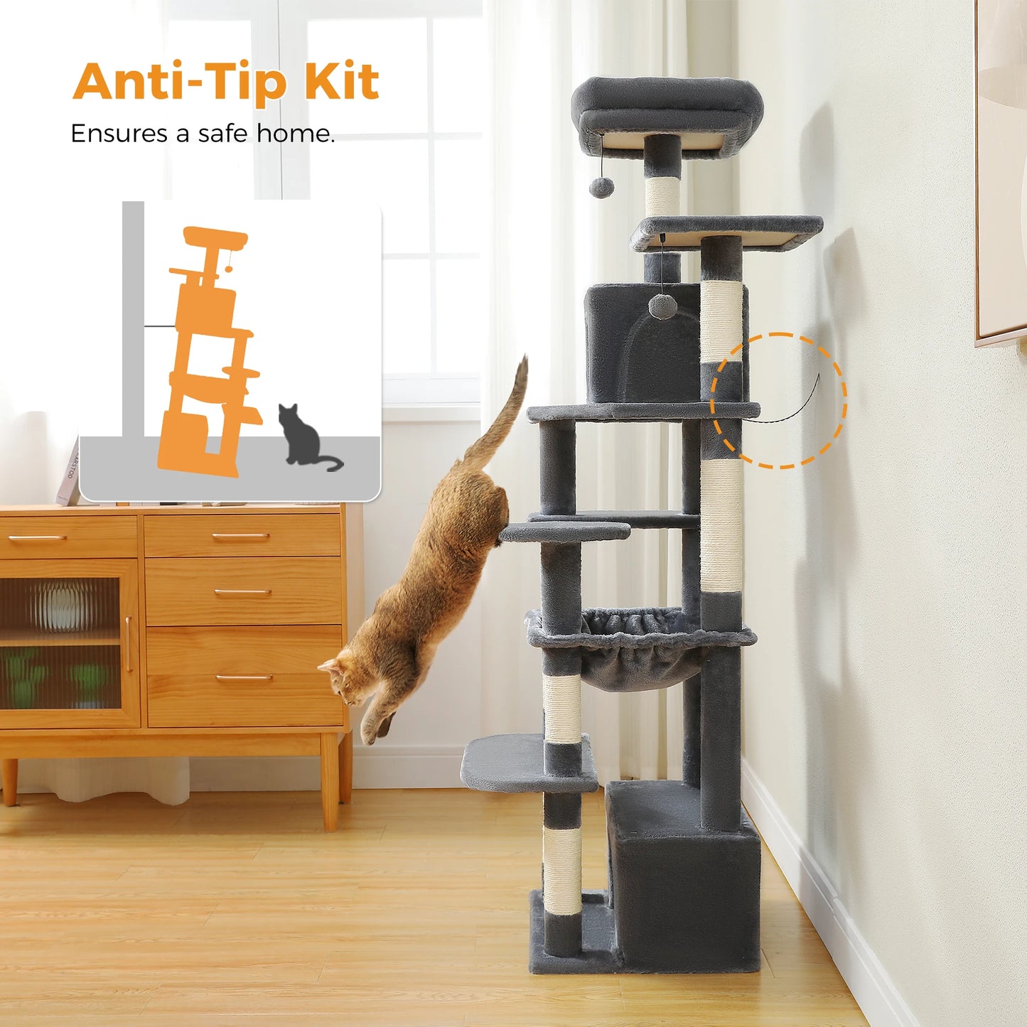 Grand arbre à chat multi-niveaux avec hamac, niches et griffoirs en sisal