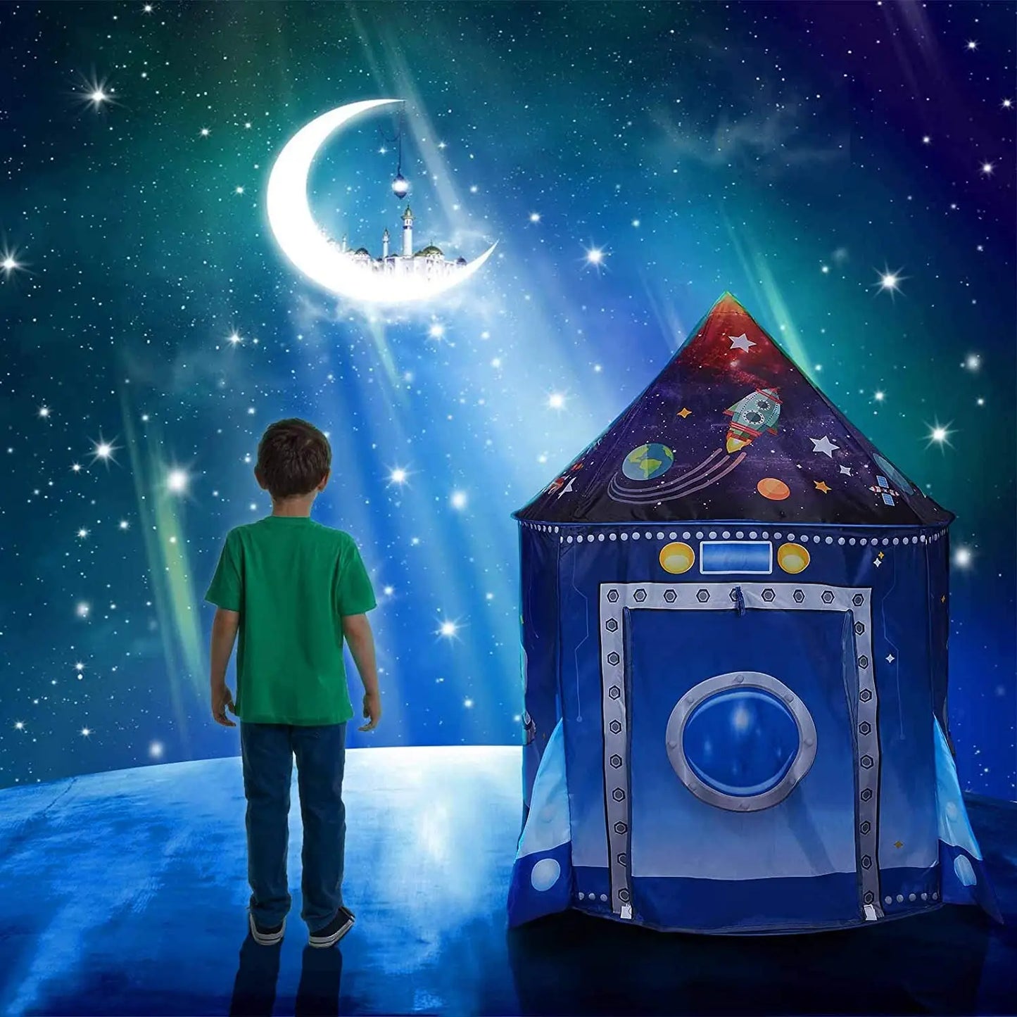 Tente de jeu fusée pour enfants, grande tente de jeu d'intérieur et d'extérieur pour garçons et filles.