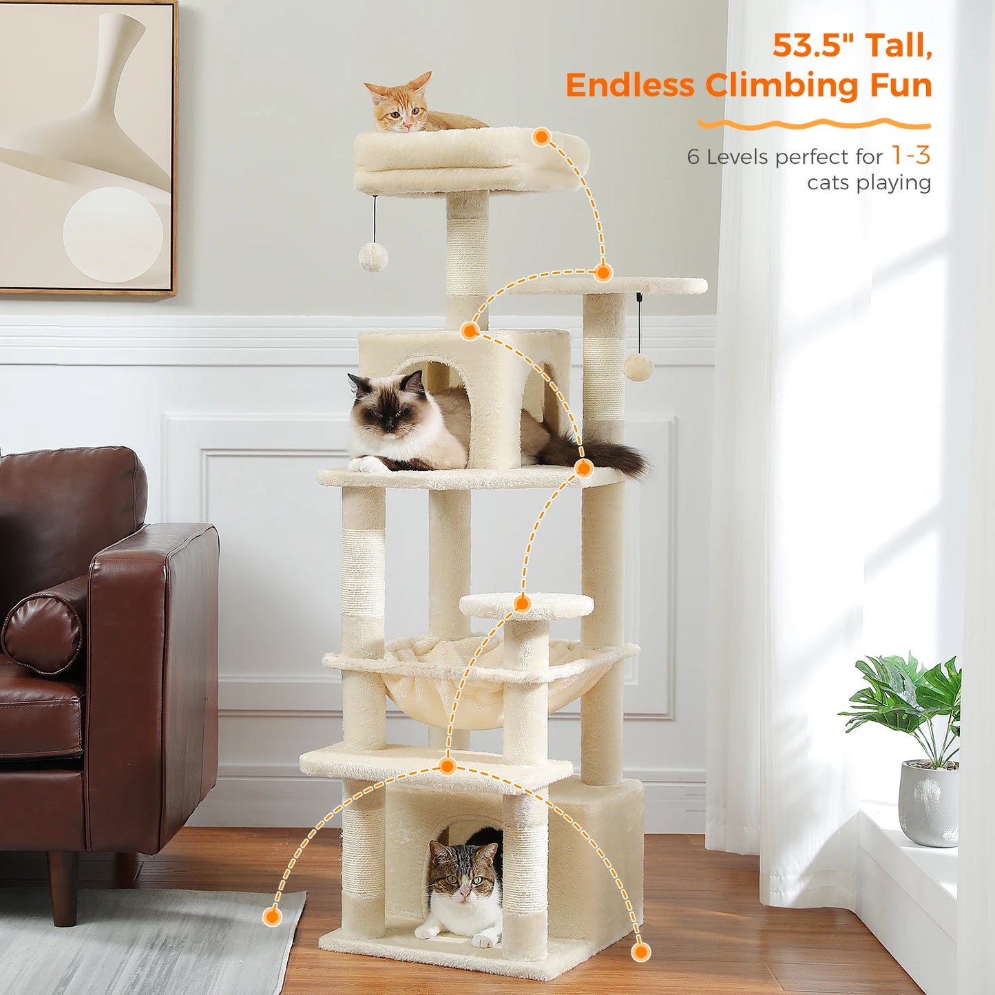 Grand arbre à chat multi-niveaux avec hamac, niches et griffoirs en sisal