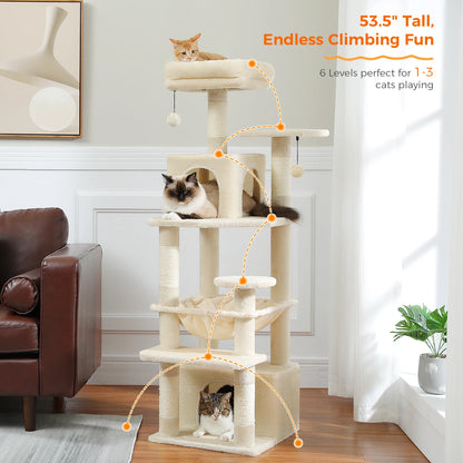 Grand arbre à chat multi-niveaux avec hamac, niches et griffoirs en sisal