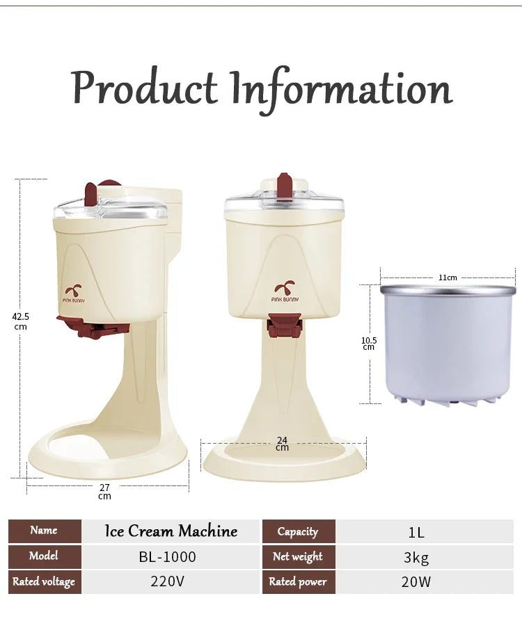 Machine à glace 220 V automatique pour fruits congelés, 1 L, machine à desserts aux fruits, machine à milkshakes BL-1000 20 W.
