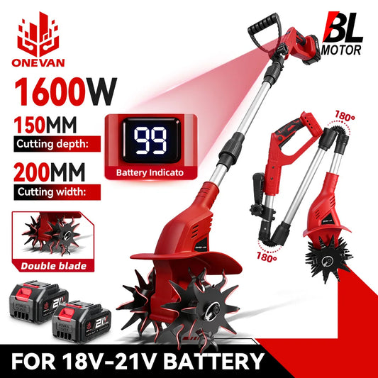 Motoculteur Électrique ONEVAN 1600W Sans Fil – Puissant, Silencieux, Idéal pour Jardin et Potager (Brushless + Double Lame)