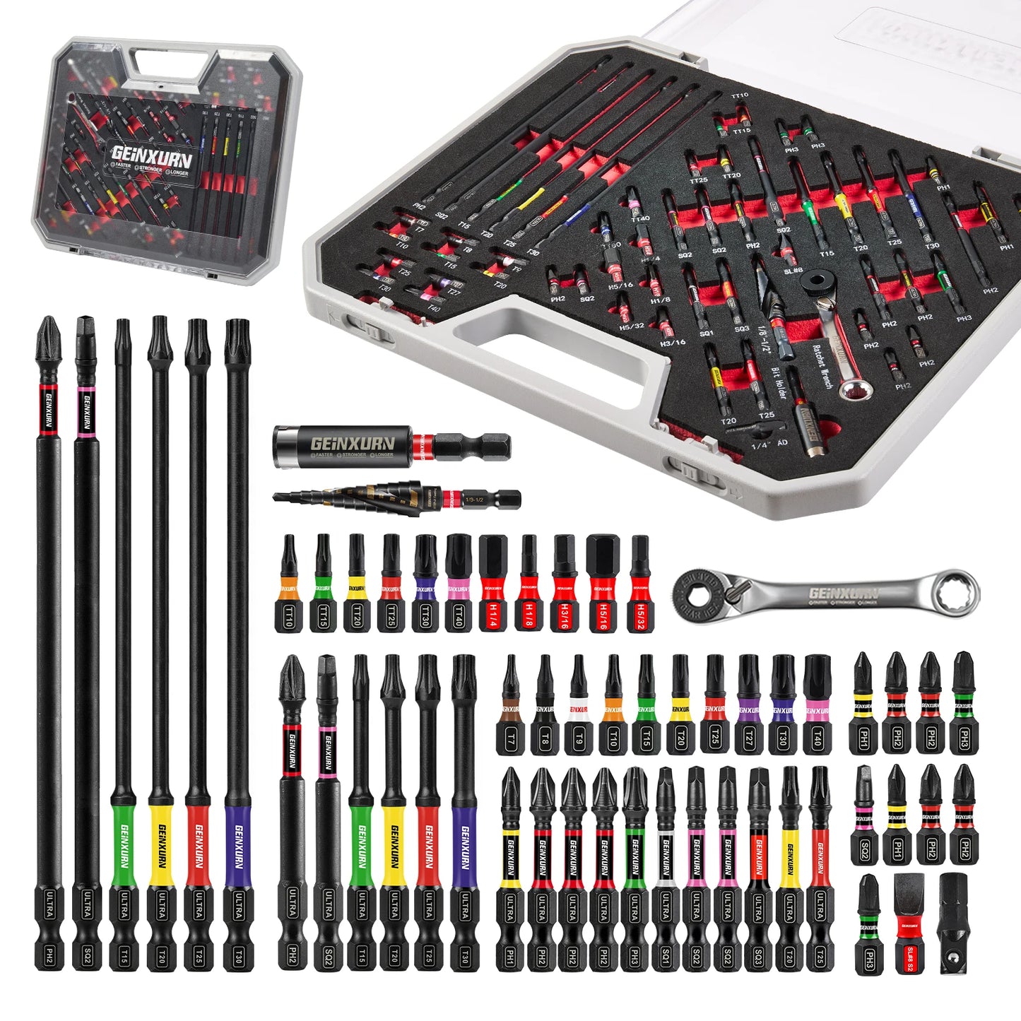 Ensemble d’outils Geinxurn 58Pcs emballé avec des embouts de tournevis à percussion, un mini sécélage, une perceuse à pas, un adaptateur de prise et un porte-embout pour le bricolage