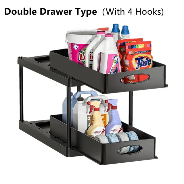 Organisateur de rangement à 2 niveaux sous évier, panier coulissant avec crochets, support pour tasses suspendues, pour salle de bain ou cuisine.