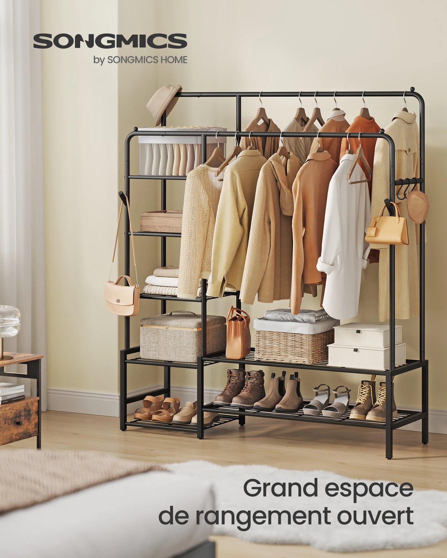 SONGMICS Porte-vêtements, armoire ouverte, porte-manteau avec 7 étagères, cadre en métal, rails suspendus, noir