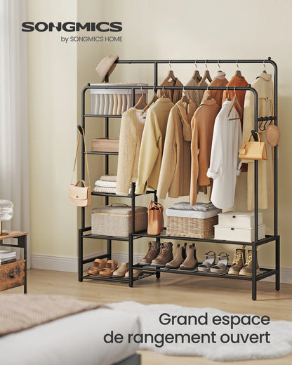 SONGMICS Porte-vêtements, armoire ouverte, porte-manteau avec 7 étagères, cadre en métal, rails suspendus, noir