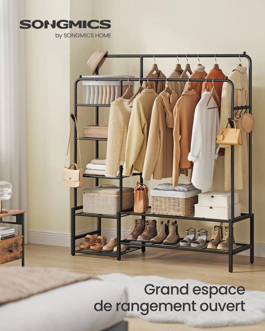 SONGMICS Porte-vêtements, armoire ouverte, porte-manteau avec 7 étagères, cadre en métal, rails suspendus, noir