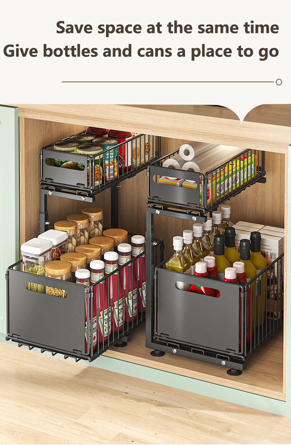 Organisateur de placard coulissant à 2 niveaux, étagère de rangement de cuisine réglable, organisateur sous évier, étagère de rangement pour pots à épices, tiroir coulissant