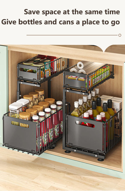 Organisateur de placard coulissant à 2 niveaux, étagère de rangement de cuisine réglable, organisateur sous évier, étagère de rangement pour pots à épices, tiroir coulissant