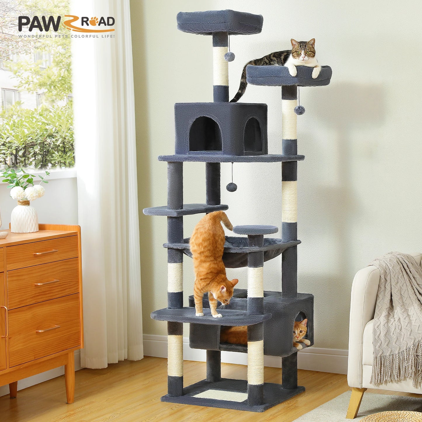 Grand arbre à chat multi-niveaux avec hamac, niches et griffoirs en sisal