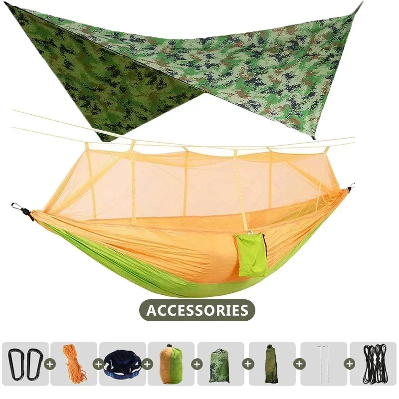Hamac double de camping extérieur 260x140cm avec moustiquaire et bâche anti-pluie, hamac léger en parachute pour la randonnée et les voyages