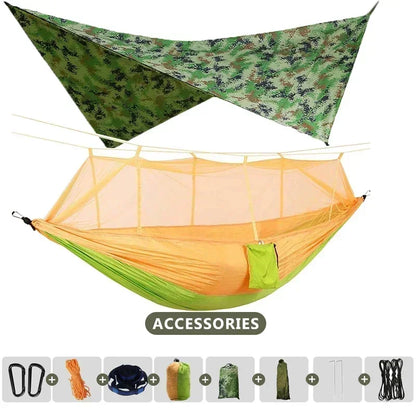 Hamac double de camping extérieur 260x140cm avec moustiquaire et bâche anti-pluie, hamac léger en parachute pour la randonnée et les voyages