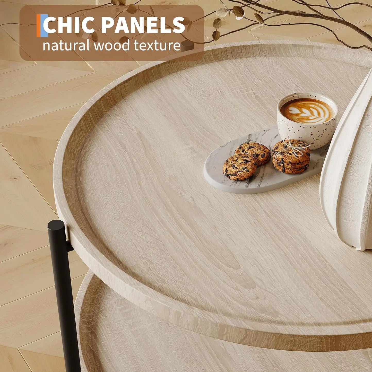 Table basse ronde de 75 cm avec rangement à 2 niveaux, plateau en bois et cadre en métal, table centrale.