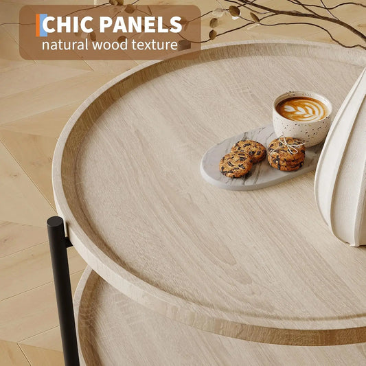 Table basse ronde de 75 cm avec rangement à 2 niveaux, plateau en bois et cadre en métal, table centrale.