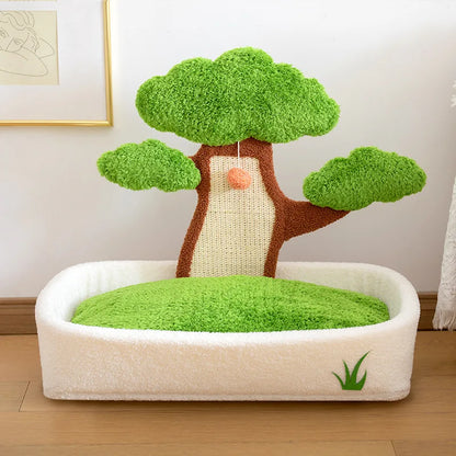 Lit et griffoir 2 en 1 pour chat, motif pin, avec coussin amovible et lavable, nid douillet toutes saisons.