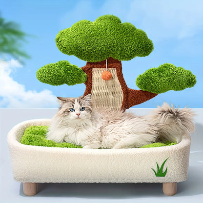 Lit et griffoir 2 en 1 pour chat, motif pin, avec coussin amovible et lavable, nid douillet toutes saisons.