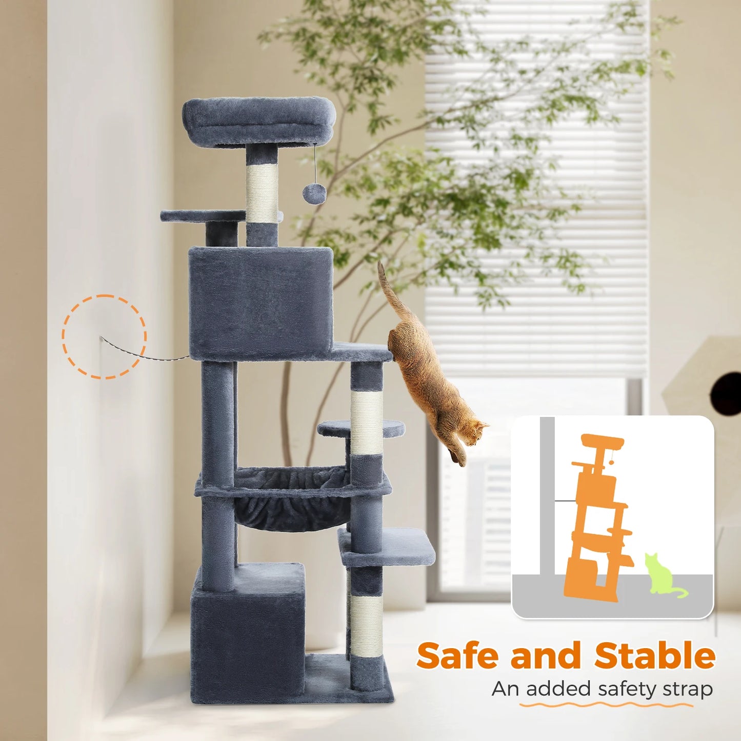 Grand arbre à chat multi-niveaux avec hamac, niches et griffoirs en sisal