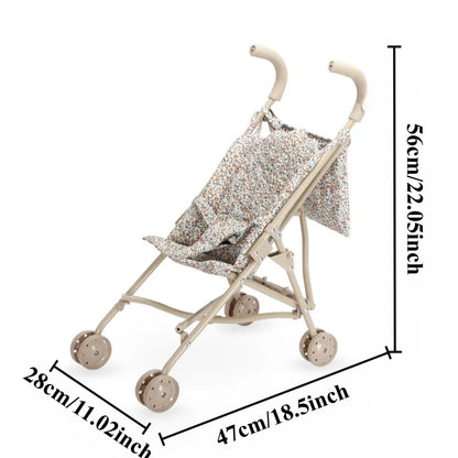 Poussette pliable de haute qualité pour poupée avec motif de fleurs.