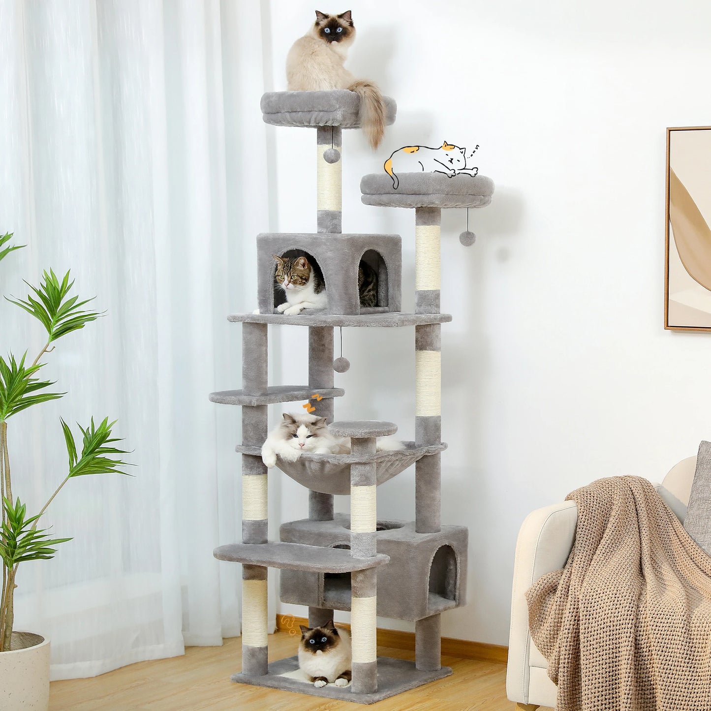 Grand arbre à chat multi-niveaux avec hamac, niches et griffoirs en sisal
