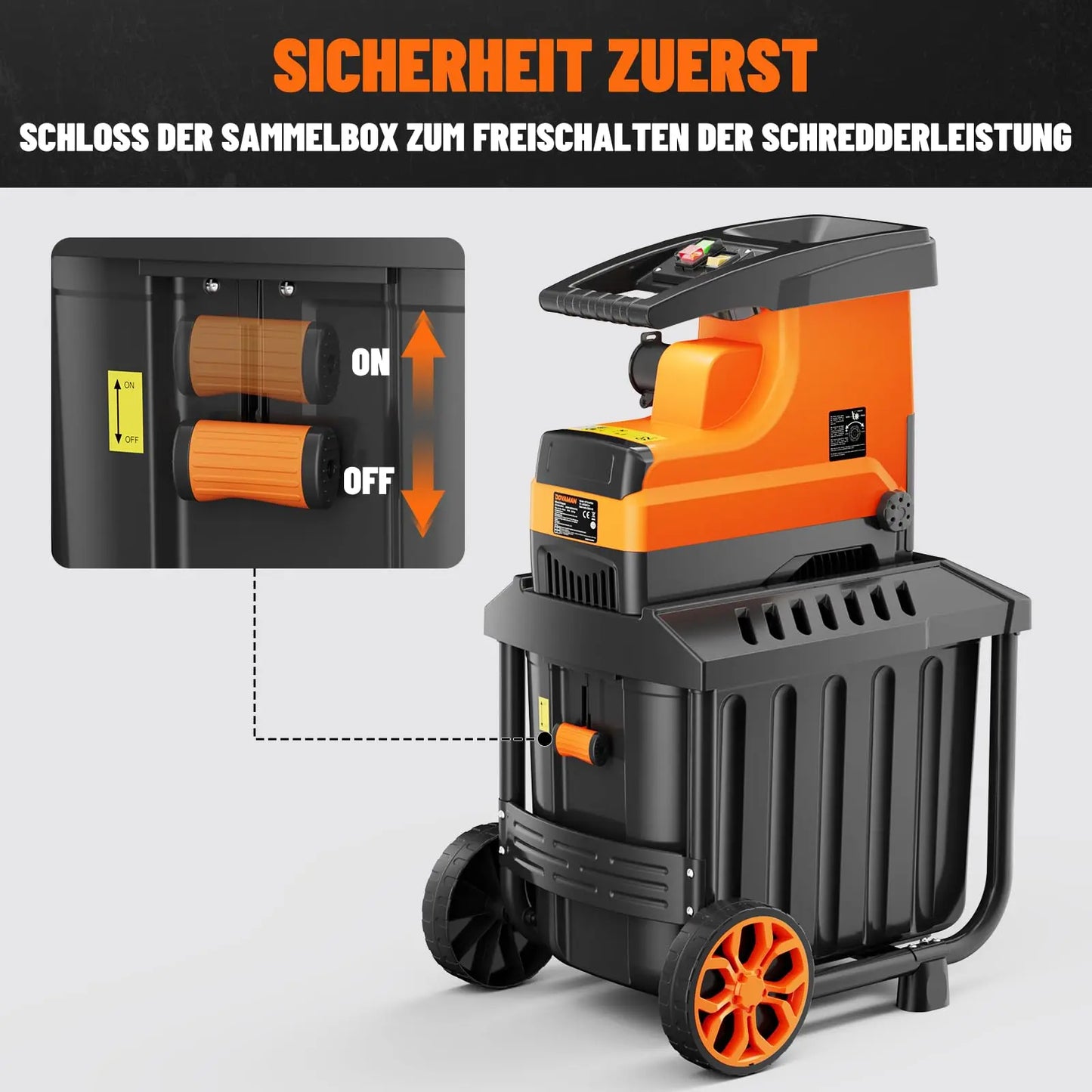 Broyeur de jardin DOVAMAN 2800 W, moteur sans balais 400 Nm, rouleau à 6 dents, capacité de 45 mm, bac de 60 L, silencieux et protégé contre les surcharges