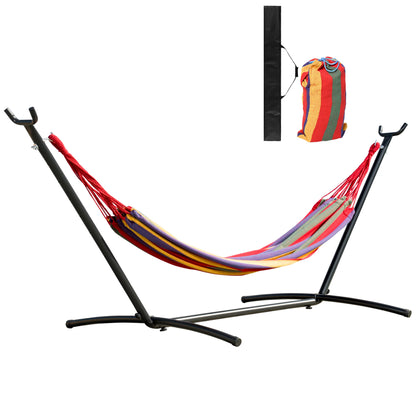 Hamac Outsunny avec support en acier portable, hauteur réglable sur 6 niveaux, sac de transport inclus, supporte jusqu'à 120 kg, pour jardin, multicolore.