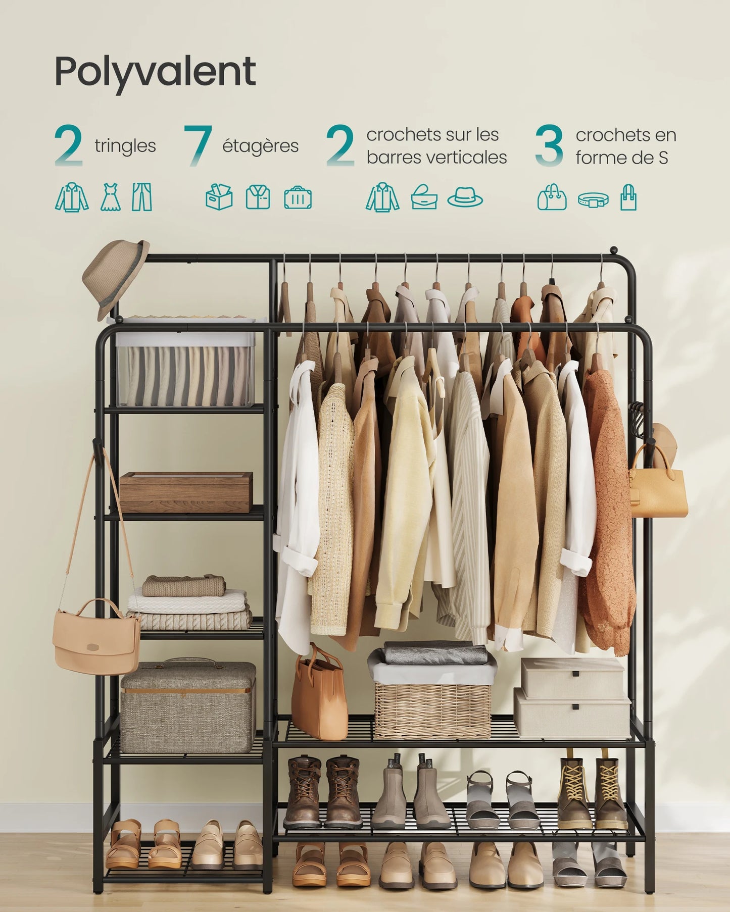 SONGMICS Porte-vêtements, armoire ouverte, porte-manteau avec 7 étagères, cadre en métal, rails suspendus, noir