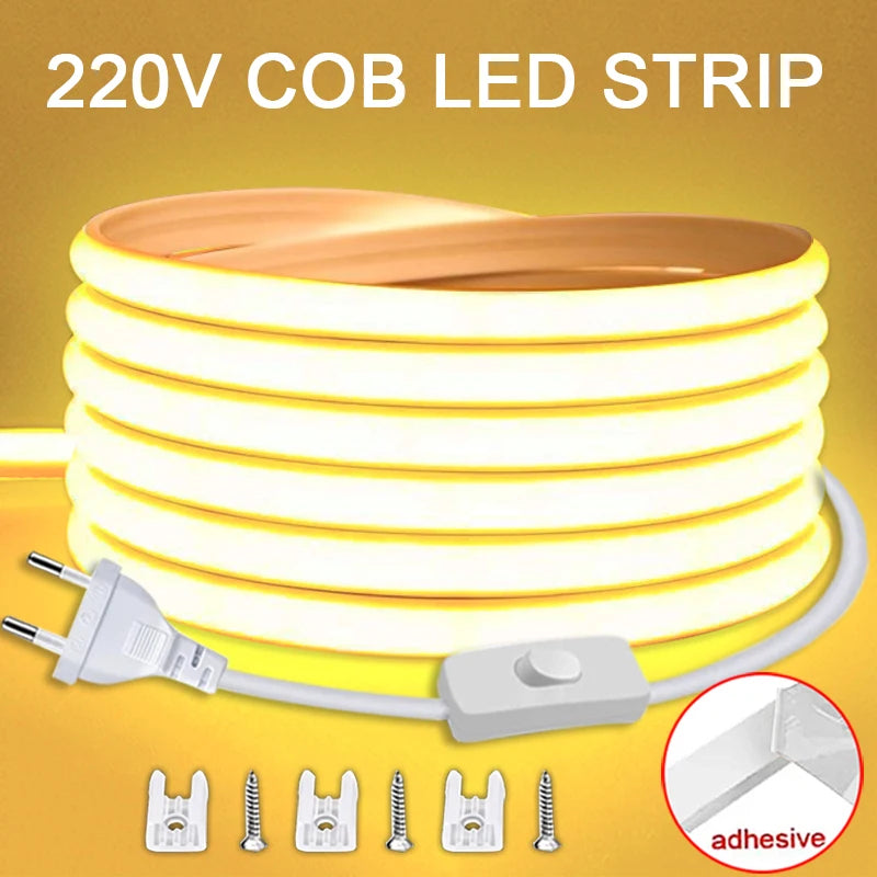 Bande LED COB 220V étanche — Éclairage puissant intérieur & extérieur avec interrupteur