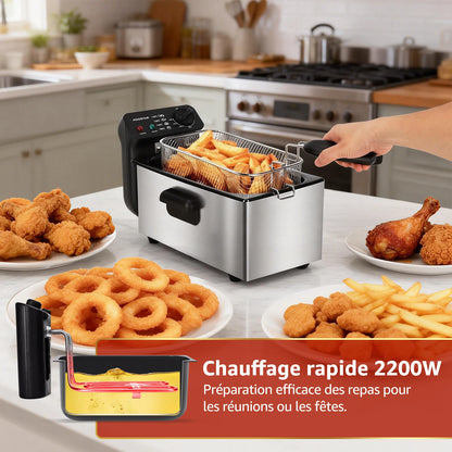 Friteuse Aigostar 2200 W, capacité 3 litres, avec hublot, thermostat et cuve amovible.