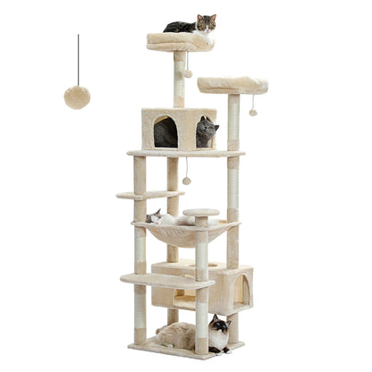 Grand arbre à chat multi-niveaux avec hamac, niches et griffoirs en sisal