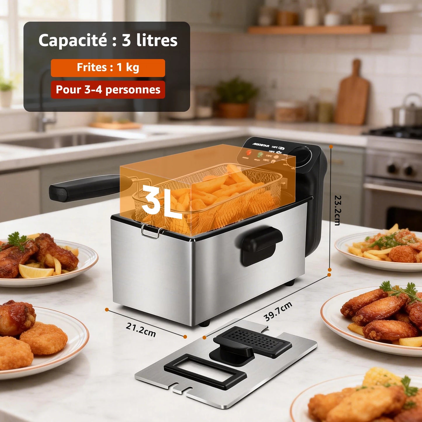 Friteuse Aigostar 2200 W, capacité 3 litres, avec hublot, thermostat et cuve amovible.