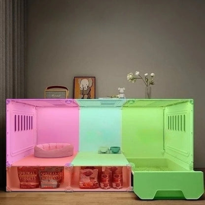 Grande maison pour chat avec tiroir transparent, avec compartiment de rangement.