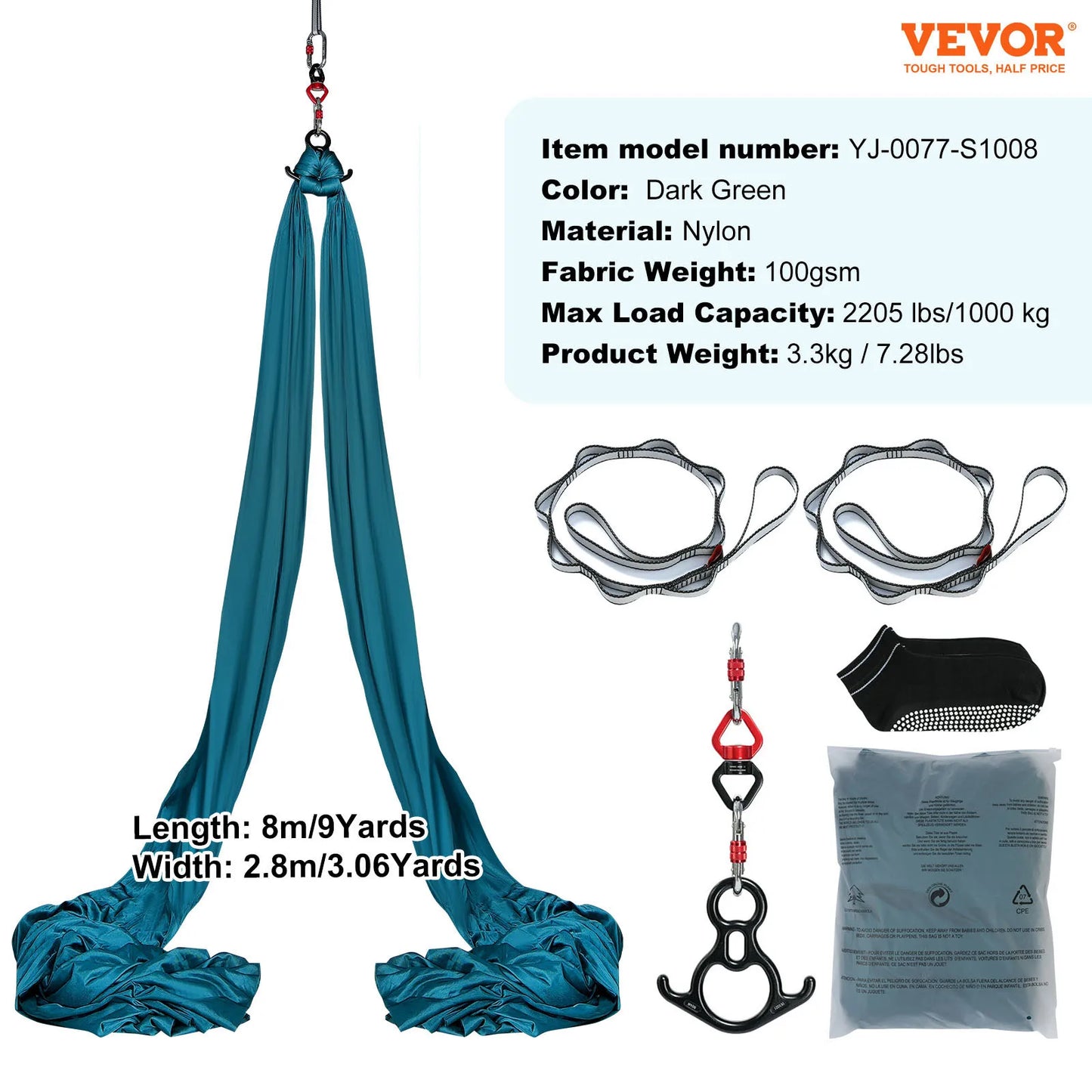 SucceBuy Hamac et balançoire de yoga aérien 8,7/11 yards, kit de démarrage de yoga avec sangle en tissu de soie aérienne, accessoire pour tous les niveaux.
