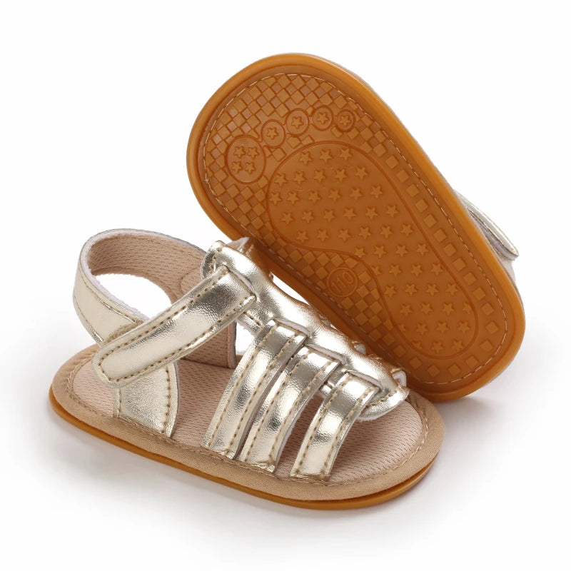 Sandales décontractées d’été avec thème doré chaussures de bébé fille à la mode, chaussures de marche confortables antidérapantes pour bébé.