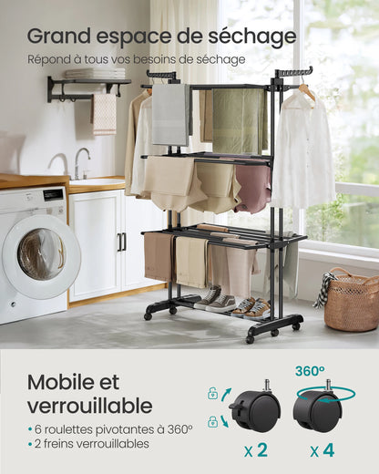 Séchoir à vêtements à 4 niveaux avec roues, pliable, 63,5 x 125,5 x 173 cm, grande capacité, usage intérieur et extérieur, noir