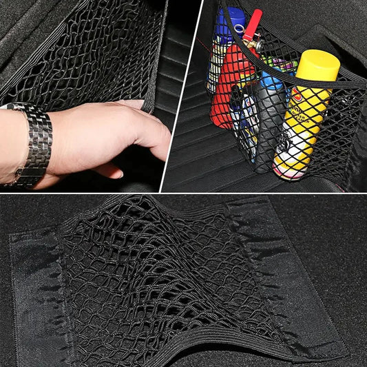 1 sac de rangement universel pour voiture, filet de coffre à double maille, sac de rangement intégré avec fixation pour extincteur.