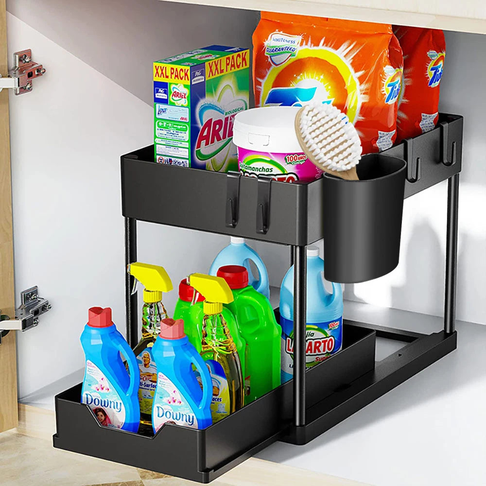Organisateur de rangement à 2 niveaux sous évier, panier coulissant avec crochets, support pour tasses suspendues, pour salle de bain ou cuisine.