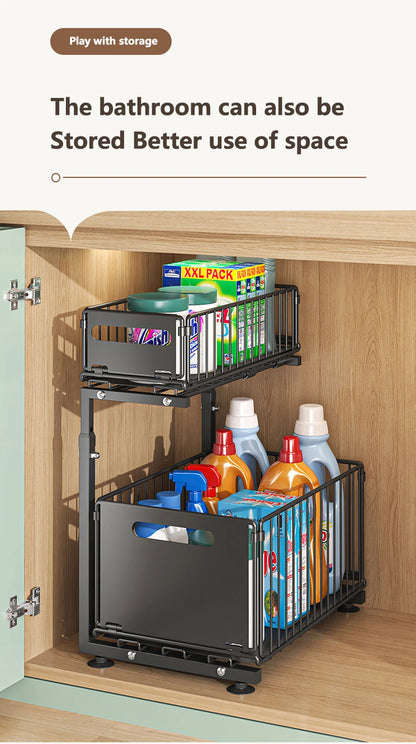 Organisateur de placard coulissant à 2 niveaux, étagère de rangement de cuisine réglable, organisateur sous évier, étagère de rangement pour pots à épices, tiroir coulissant