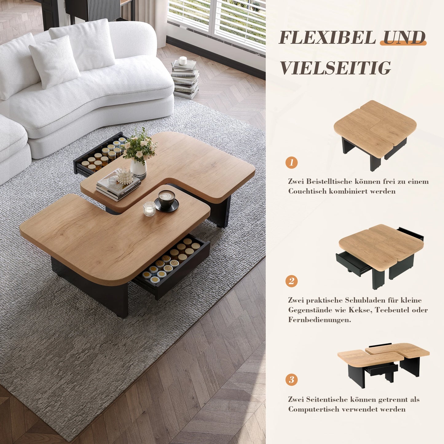 Conception de table basse 2 en 1, librement combinable, 2 tiroirs, ronds souples, pieds réglables en hauteur.